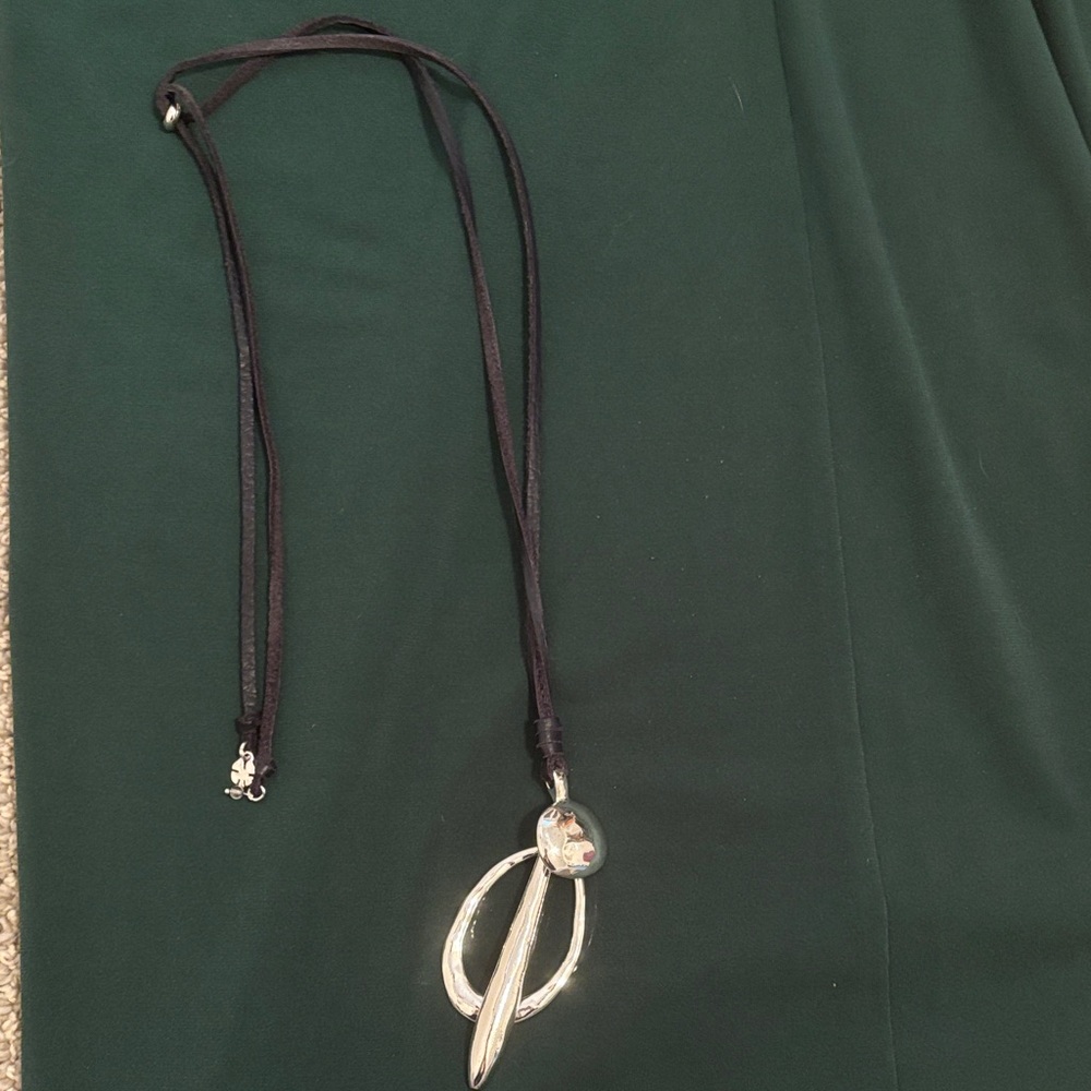 Silver Abstract Pendant Necklace on Black Cord - Adjustable